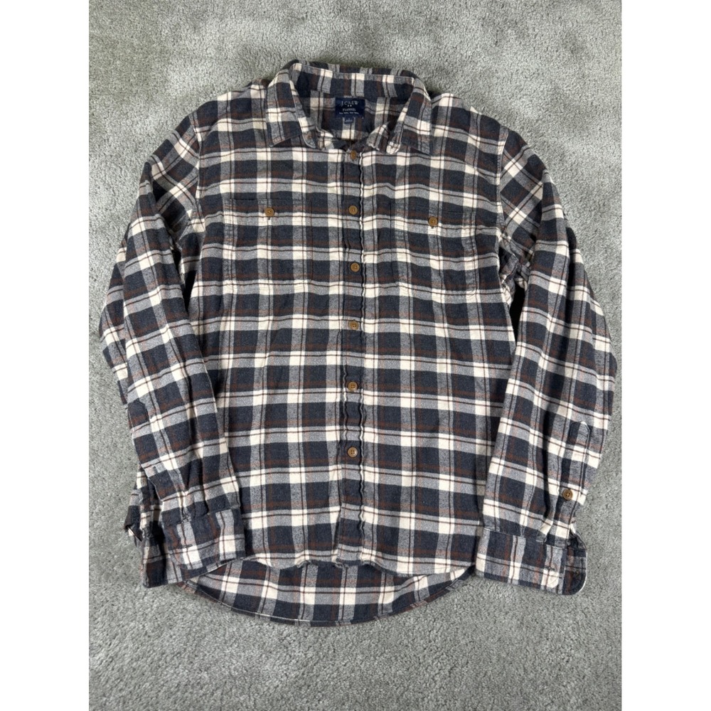 J.Crew Mens Flannel Shirt Large Navy Blue Cream Brown Plaid Button Down L